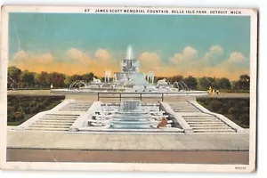 Cartolina James Scott Memorial Fountain Belle Isle Detroit MI 1931 arte colore a mano - Foto 1 di 2