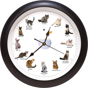 Meowing Cat Sounds Wall Clock 13 Black 12 Popular Breeds - Picture 1 of 3