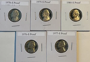 Lot, Run of 5 JEFFERSON Proof Nickels 5¢ ~ 1976 S thru 1980 S ~ Uncirculated - Picture 1 of 2