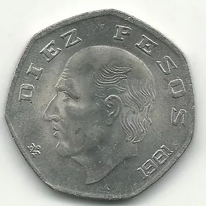 HIGH GRADE UNC 1981 MEXICO MEXICAN 10 PESOS COIN-ALOT OF LUSTER-JUN020 - Picture 1 of 2