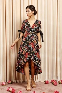 New Womens BLACK FLORAL TIE WRAP BOHO HIPPIE ASYMMETRICAL MIDI DRESS S Small - Picture 1 of 5