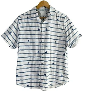 Porter & Ash Herren L Kurzarm Button Down Hemd Blau Streifen Segelboot Baumwolle - Bild 1 von 9
