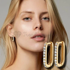 Plain Gold Filled CZ Crystal Rectangle Hoop Huggies 925 Sterling Silver Earrings - Picture 1 of 12