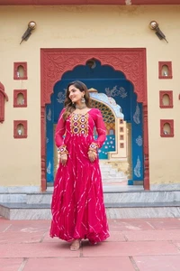 Navratri Laheriya Printed Rayon Gown Wear Suit Indian Garba Dandiya Long Dress - Picture 1 of 7