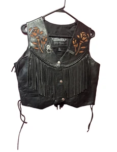 Vintage Unik Leather Fringe Rose Vest Womens Large Motorcycle Biker w/ Pins! - Picture 1 of 6