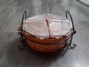 Temptations Casserole Dish & Relish Tray Set by Tara Orange/Brown Floral Lace - Picture 1 of 13