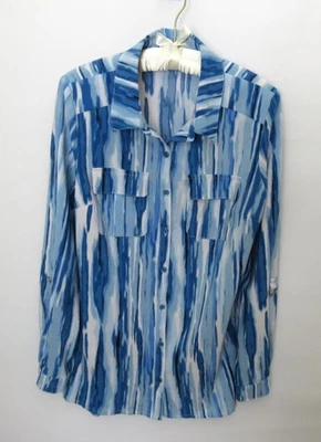 Coral Bay blue white striated poly long sleeve button front blouse *Sz M* - Image 1 of 4