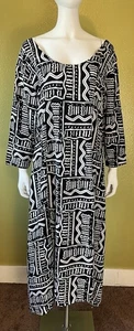 Vtg 90s Pier 1 Passports Fit & Flare Black & White Tribal Abstract Midi Dress L - Picture 1 of 23