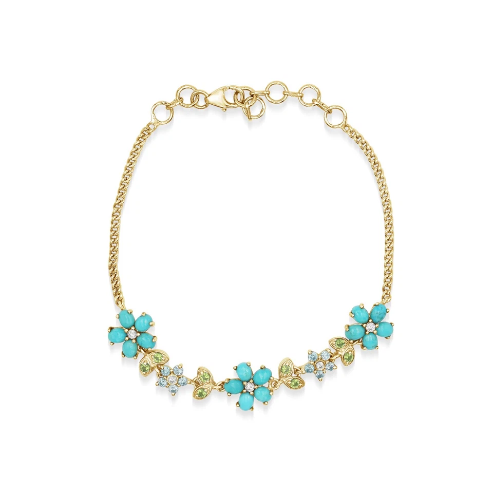 Floral Bracelet Turquoise Gemstone Peridot Blue Topaz Silver Gold Plated Jewelry - Image 1 of 1