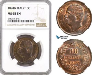 AH324, Italy, Umberto I, 10 Centesimi 1894 BI, Birmingham Mint, NGC MS65BN, Top - Picture 1 of 1