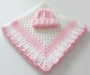 Soft Cuddly White and  Baby Pink Crocheted NEW Baby Blanket w Hat Multi Purpose - Picture 1 of 9