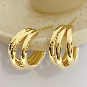 Authentic 18K Gold Huggie Triple Stud Earrings 18ct Chunky Dainty Jewelry - Picture 1 of 8
