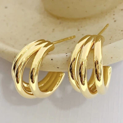 Authentic 18K Gold Huggie Triple Stud Earrings 18ct Chunky Dainty Jewelry - Image 1 of 4