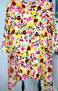 XS LOGO LORI GOLDSTEIN YELLOW PINK & AQUA ABSTRACT  FLORAL TOP RAYON SPANDEX J03 - Picture 1 of 8