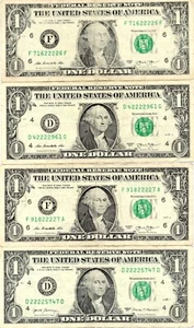 Four in a Row 2s Fancy Serial Number One Dollar Bill Lot of 4 Notes - Bild 1 von 2