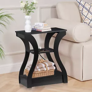 3 Tier End Table with USB & Charging Station Black Storage Shelf for Living Room - Picture 1 of 15