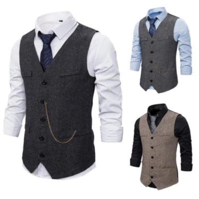 Gents Tweed Lapel Waistcoat Retro Formal Herringbone Vest Sleeveless Slim Jacket - Photo 1/4