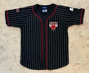 VTG 90s JORDAN NBA CHICAGO BULLS STARTER PINSTRIPE BASEBALL JERSEY EMBROIDERED M - Picture 1 of 24