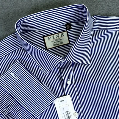 Camisa Thomas Rosa Para Hombres 18 Azul Blanco Grant Clásica Puño Francés Dinero Antiguo Nueva Foto 1 de 4