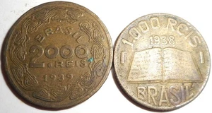 1938 Brazil 1000 Reis, 1939 Brazil 2000 Reis Coins, 2 Coins, 1 Money, SHIPS FREE - Picture 1 of 2