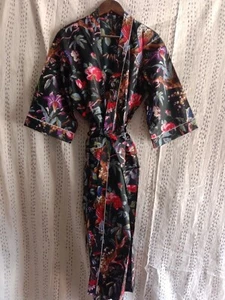 Indian Handmade Vintage Kimono Bird Print Cotton Bath Robes Maxi Night Gown - Picture 1 of 3