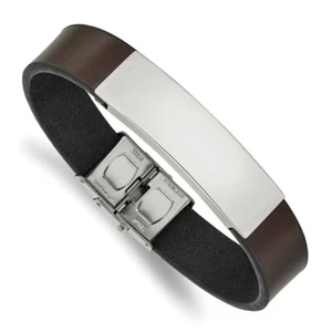 Stainless Steel Polished Brown Leather 8.25in ID Bracelet - Picture 1 of 3