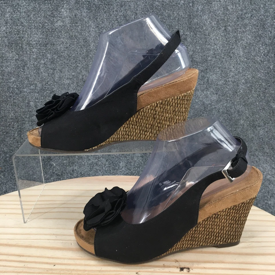 Tacones aerosoles para mujer 8 M flor punta abierta cuña 18866-2 negro marrón Foto 1 de 4