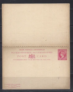 TARJETA POSTAL DE RESPUESTA DE PAPELERÍA POSTAL SAINT CHRISTOPHER QV UPU UN CENTAVO ROSA SIN USAR - Imagen 1 de 2