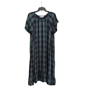 Abito donna LOFT Plus taglia 20 blu verde a quadri volant manica svasata scollo spacco - Foto 1 di 8