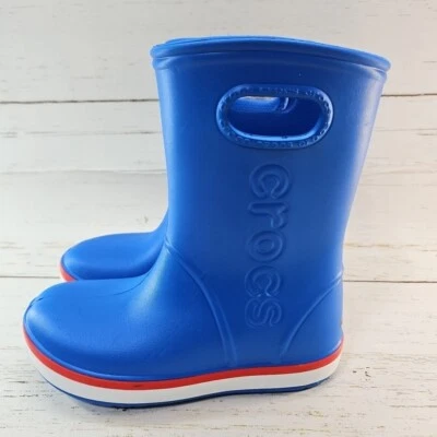 Crocs Pull On 防水雨靴男女通用青少年 2 码蓝色红色 205827 — 第 1/4 张图片