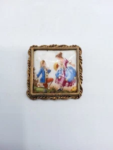 Broche carrée laiton torsadé et porcelaine de Limoges à décor romantique XXème - Imagen 1 de 4