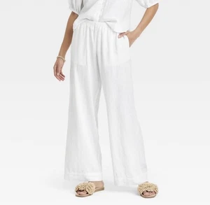 Damen-Leinenhose mittelhoher Bund weites Bein zum Überziehen A New Day weiß Kordelzug XL neu mit Etikett - Bild 1 von 3
