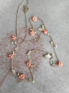 Necklace, Long Gold Tone Chain With Orange Flower Beads And Gold Leaves. - Picture 1 of 18