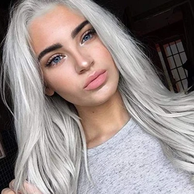 Peruca frontal de renda loira platina prata – 24” de comprimento cabelo sintético ondulado reto - Imagem 1 de 4