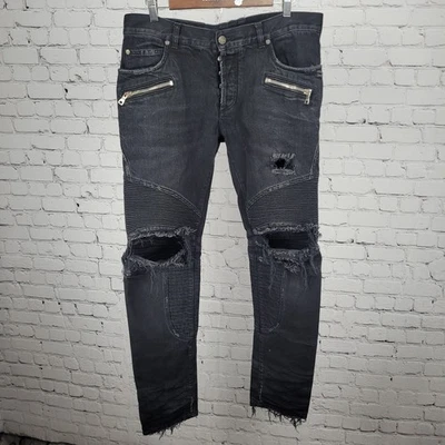 Jeans Balmain preto jeans desgastado botão mosca afunilado moto Itália 33 (33x33) - Imagem 1 de 4