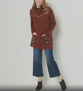 LOGO by Lori Goldstein - Cowl Neck Sweater w Leopard Pockets - Cherry Mahogany - Picture 1 of 7