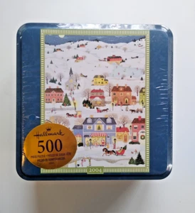 Hallmark 500 Piece Jigsaw Puzzle 2004 Winter Scene Snowy Night Folk Art Tin BNIB - Picture 1 of 8