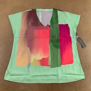 Lola & Sophie Women's Large Green V-Neck Short Sleeve Boxy Fit Side Slit Top NWT - Picture 1 of 9