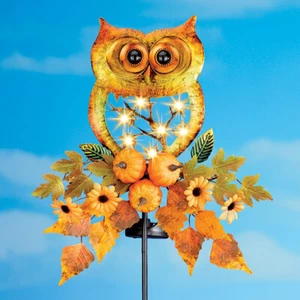 Solar LED Owl Perched Fall Leaves Garden Stake Metal Outdoor Autumn Yard Decor - Picture 1 of 4