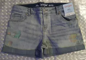 Cat & Jack Size Girls L (10/12) Plus Denim Shorts Super Stretch Cuffed Embroider - Picture 1 of 11