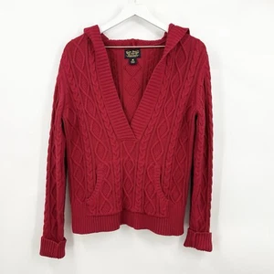 VTG Ralph Lauren Polo Black Label Cable Knit Sweater Hooded Pockets Red Medium - Picture 1 of 7