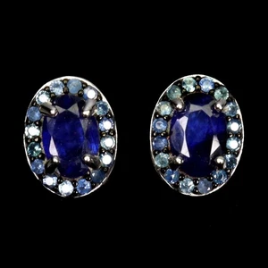 925 Sterling Silver Earrings Oval Sapphire 6x4mm Sapphire Diamond Cut Gemstone - Picture 1 of 13