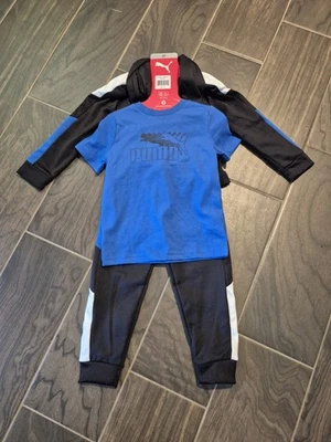 Nuevo Puma Niños Niño 3 Piezas Tech Fleece Set Negro Con Camisa Azul Talla 3T Foto 1 de 4