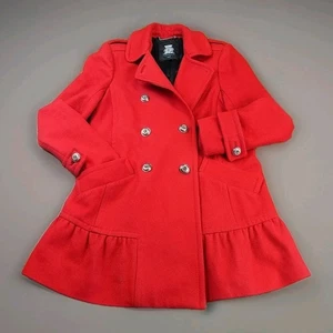 Cappotto Juicy Couture Taglia S Rosso Giacca Lana Italiana Bordo Increspato Pea Coat - Foto 1 di 19