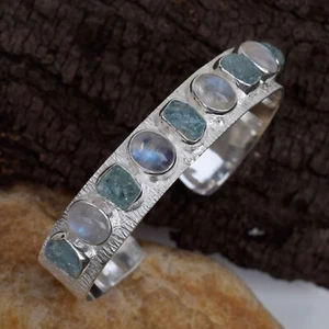 Natural Aquamarine & Moonstone Cuff Bracelet 925 Sterling Silver Handmade-NB005 - Picture 1 of 3