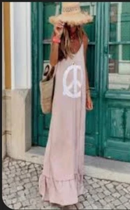 Collection By Cezele Pink Maxi Dress Spaghetti Strap Peace sign beach NWT small - Picture 1 of 10