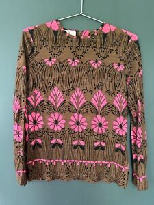 MOD Vintage Delle Celle Wool Silk Knit Pullover Brown w Pink Flowers Size 8