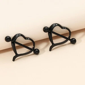 Pair Black Heart-Shaped Nipple Rings for Women Girls Surgical Steel Bar Barbells - Picture 1 of 4
