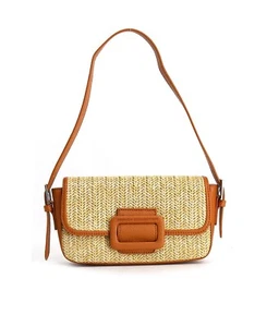 French Connection Katia Straw Shoulder Bag Women Saddle Magnetic Snap Closure - Picture 1 of 16