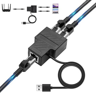 Sdoppiatore Ethernet 1 a 2, 100Mbps Adattatore RJ45 con Cavo di Alimentazione USB per Cat5/6/7 - Immagine 1 di 4